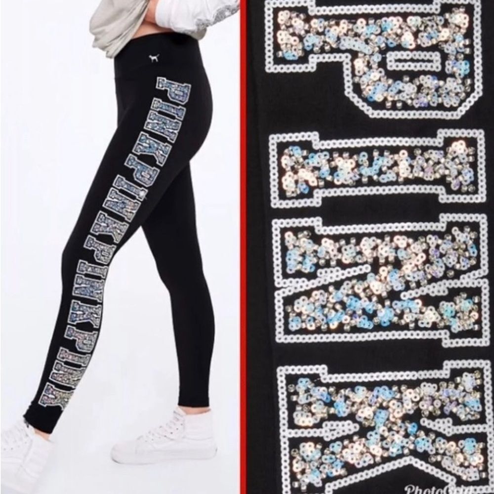 PINK VS MERMAID CRYSTAL BLING YOGA LEGGINGS MEDIUM